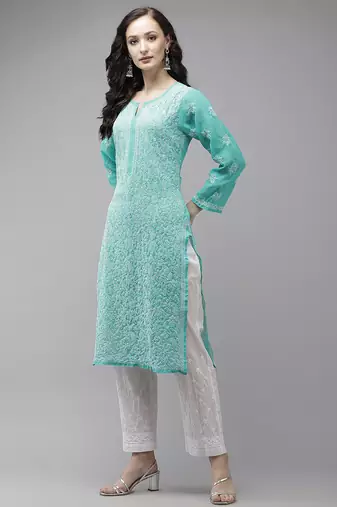 Hand embroidered sea green georgette lucknowi chikankari kurta set