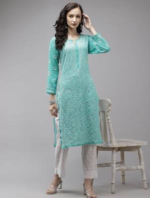 Hand embroidered sea green georgette lucknowi chikankari kurta set 4