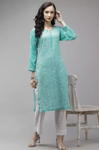 Hand embroidered sea green georgette lucknowi chikankari kurta set