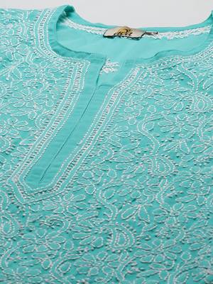Hand embroidered sea green georgette lucknowi chikankari kurta set 5