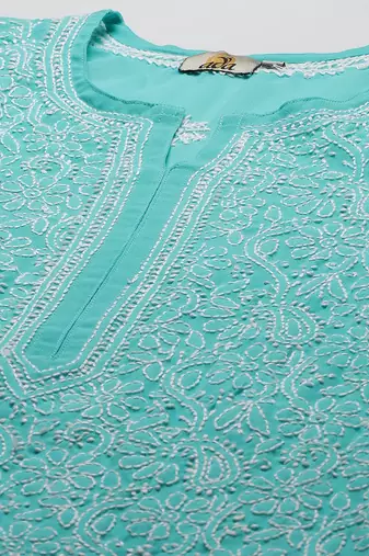 Hand embroidered sea green georgette lucknowi chikankari kurta set