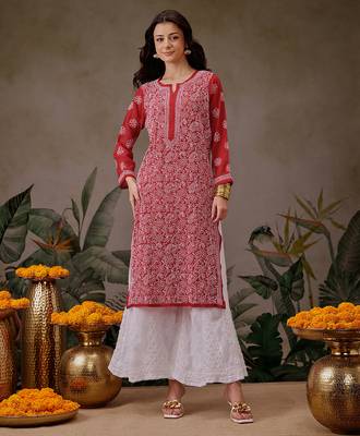 Hand embroidered red georgette lucknowi chikankari straight kurta with palazzo 1