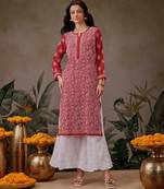 Hand embroidered red georgette lucknowi chikankari straight kurta with palazzo