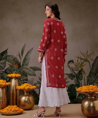 Hand embroidered red georgette lucknowi chikankari straight kurta with palazzo 2