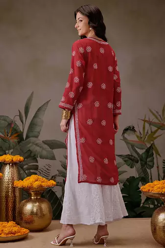 Hand embroidered red georgette lucknowi chikankari straight kurta with palazzo
