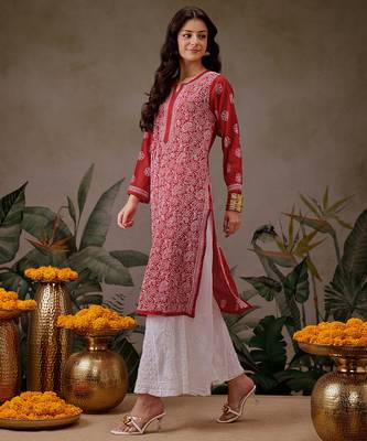 Hand embroidered red georgette lucknowi chikankari straight kurta with palazzo 3