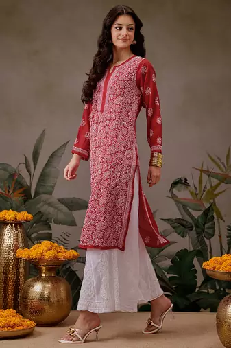 Hand embroidered red georgette lucknowi chikankari straight kurta with palazzo