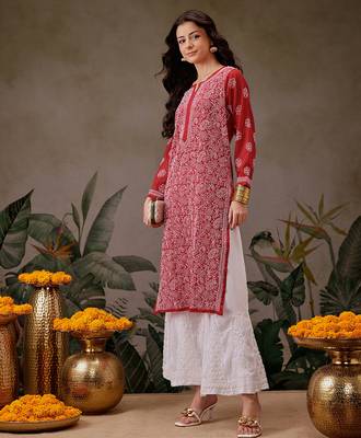 Hand embroidered red georgette lucknowi chikankari straight kurta with palazzo 4