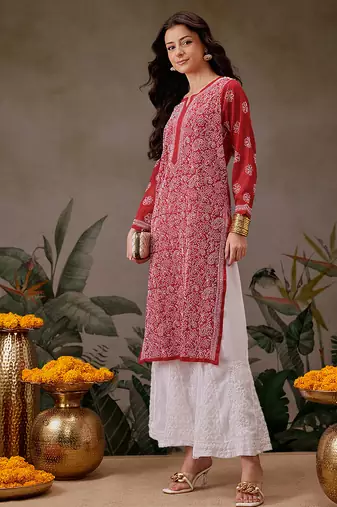 Hand embroidered red georgette lucknowi chikankari straight kurta with palazzo