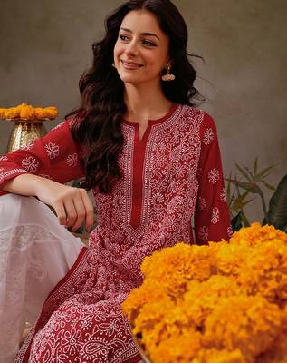 Hand embroidered red georgette lucknowi chikankari straight kurta with palazzo 5