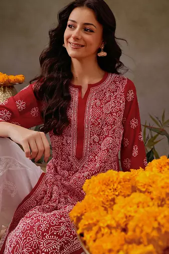 Hand embroidered red georgette lucknowi chikankari straight kurta with palazzo