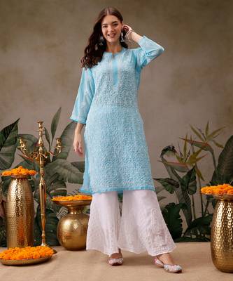 Hand embroidered blue georgette lucknowi chikankari straight kurta with palazzo 1