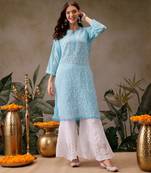Hand embroidered blue georgette lucknowi chikankari straight kurta with palazzo