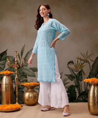 Hand embroidered blue georgette lucknowi chikankari straight kurta with palazzo 3