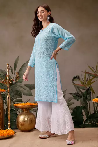 Hand embroidered blue georgette lucknowi chikankari straight kurta with palazzo