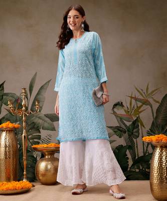 Hand embroidered blue georgette lucknowi chikankari straight kurta with palazzo 4