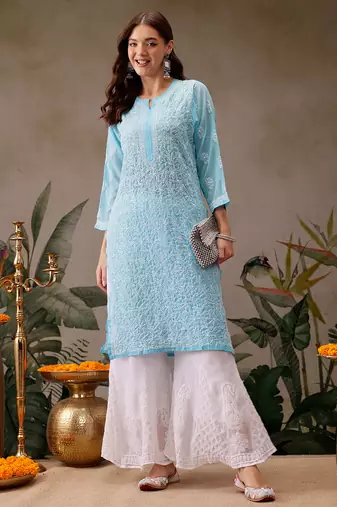 Hand embroidered blue georgette lucknowi chikankari straight kurta with palazzo