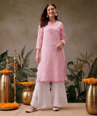Hand embroidered baby pink georgette lucknowi chikankari straight kurta with palazzo 1