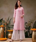 Hand embroidered baby pink georgette lucknowi chikankari straight kurta with palazzo