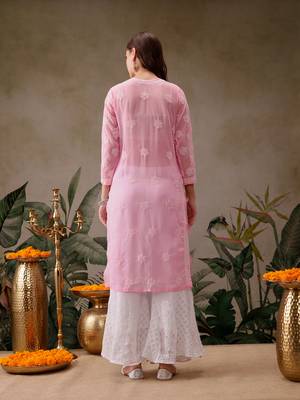 Hand embroidered baby pink georgette lucknowi chikankari straight kurta with palazzo 2