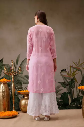 Hand embroidered baby pink georgette lucknowi chikankari straight kurta with palazzo
