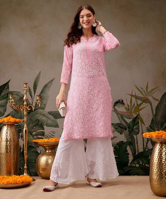 Hand embroidered baby pink georgette lucknowi chikankari straight kurta with palazzo 3