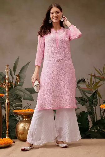 Hand embroidered baby pink georgette lucknowi chikankari straight kurta with palazzo