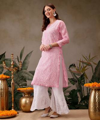 Hand embroidered baby pink georgette lucknowi chikankari straight kurta with palazzo 4