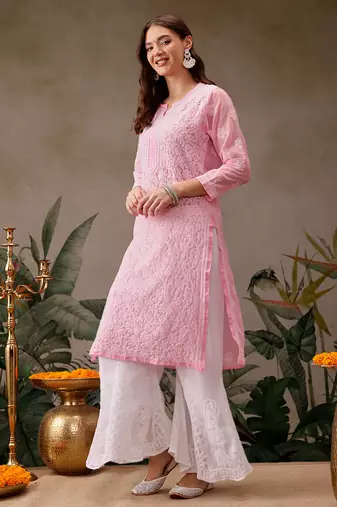 Hand embroidered baby pink georgette lucknowi chikankari straight kurta with palazzo