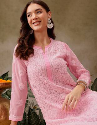 Hand embroidered baby pink georgette lucknowi chikankari straight kurta with palazzo 5