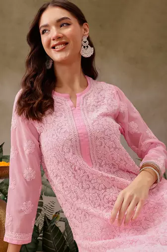 Hand embroidered baby pink georgette lucknowi chikankari straight kurta with palazzo