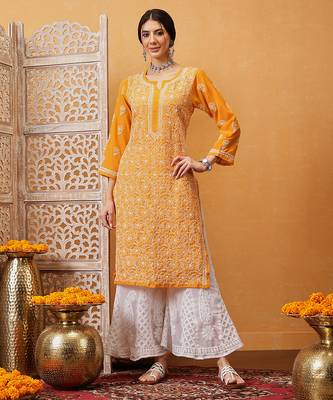 Hand embroidered mustard georgette lucknowi chikankari straight kurta with palazzo 1