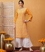 Hand embroidered mustard georgette lucknowi chikankari straight kurta with palazzo