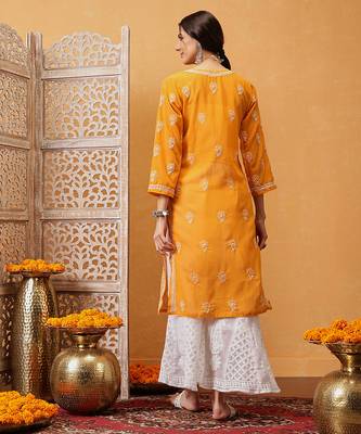 Hand embroidered mustard georgette lucknowi chikankari straight kurta with palazzo 2