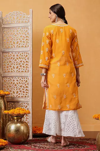 Hand embroidered mustard georgette lucknowi chikankari straight kurta with palazzo