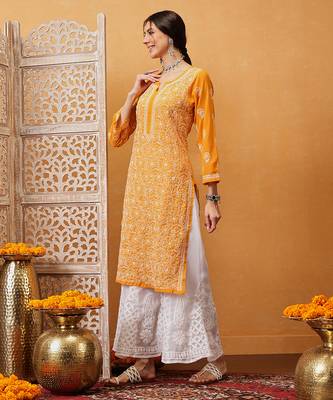 Hand embroidered mustard georgette lucknowi chikankari straight kurta with palazzo 3