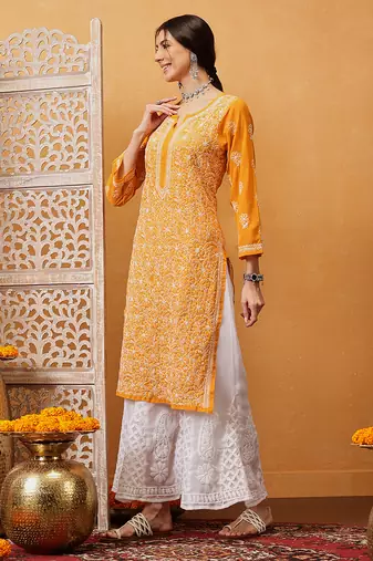 Hand embroidered mustard georgette lucknowi chikankari straight kurta with palazzo