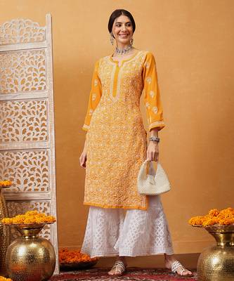 Hand embroidered mustard georgette lucknowi chikankari straight kurta with palazzo 4