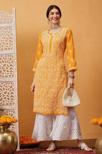 Hand embroidered mustard georgette lucknowi chikankari straight kurta with palazzo