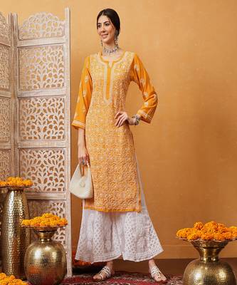 Hand embroidered mustard georgette lucknowi chikankari straight kurta with palazzo 5