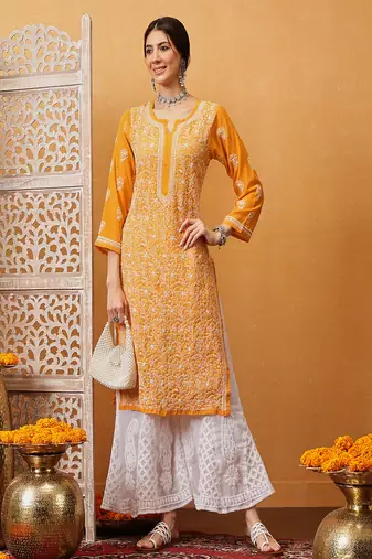 Hand embroidered mustard georgette lucknowi chikankari straight kurta with palazzo