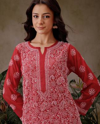 Hand embroidered red georgette lucknowi chikankari straight kurta with palazzo 6