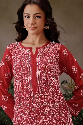 Hand embroidered red georgette lucknowi chikankari straight kurta with palazzo