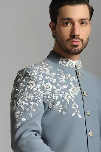 Grey polyester embroidered bandhgala