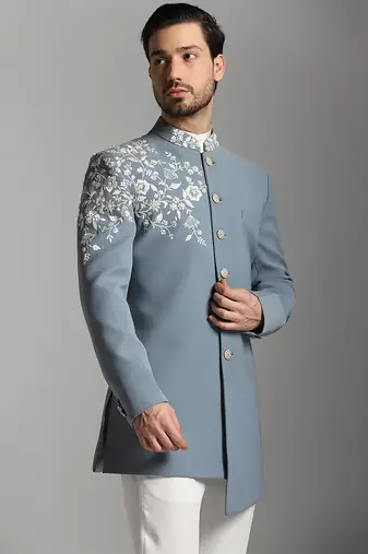 Grey polyester embroidered bandhgala