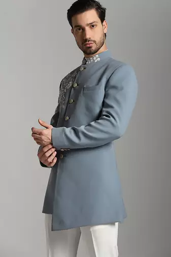 Grey polyester embroidered bandhgala