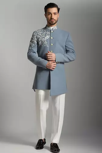 Grey polyester embroidered bandhgala