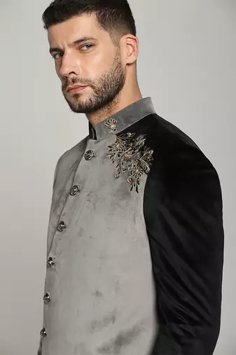 Black velvet plain bandhgala