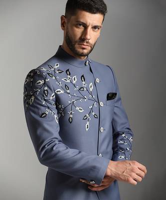 Blue cotton silk embroidered bandhgala 1