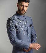 Blue cotton silk embroidered bandhgala